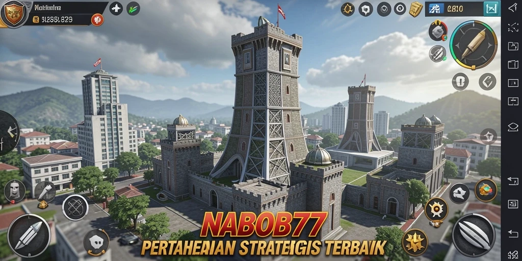 Screenshot gameplay NABOB77 menunjukkan pertempuran menara yang seru.