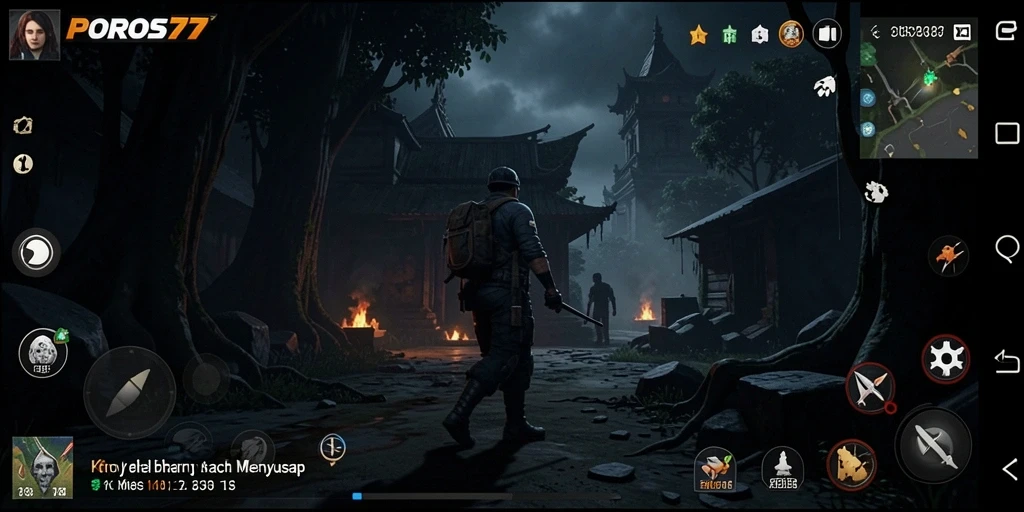 Tampilan gameplay menegangkan POROS77 dengan makhluk menyeramkan.