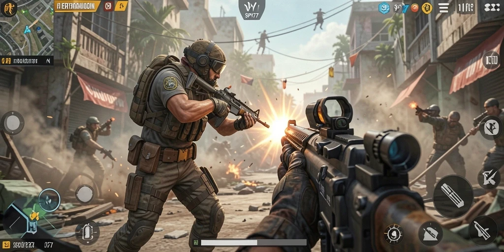 Screenshot menunjukkan aksi mendebarkan dalam pertempuran FPS SPY77.