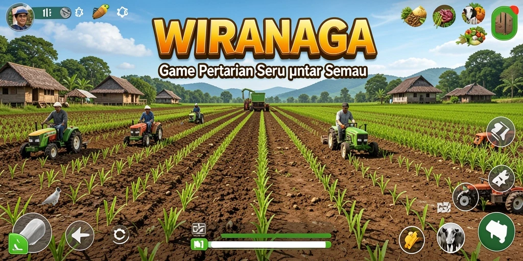 Tampilan gameplay WIRANAGA yang menampilkan pertanian yang subur dan aktivitas menyenangkan.