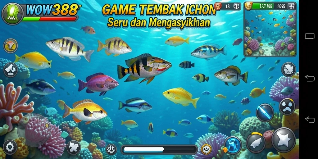 Tangkapan layar WOW388 menampilkan momen seru menembak ikan di bawah laut.